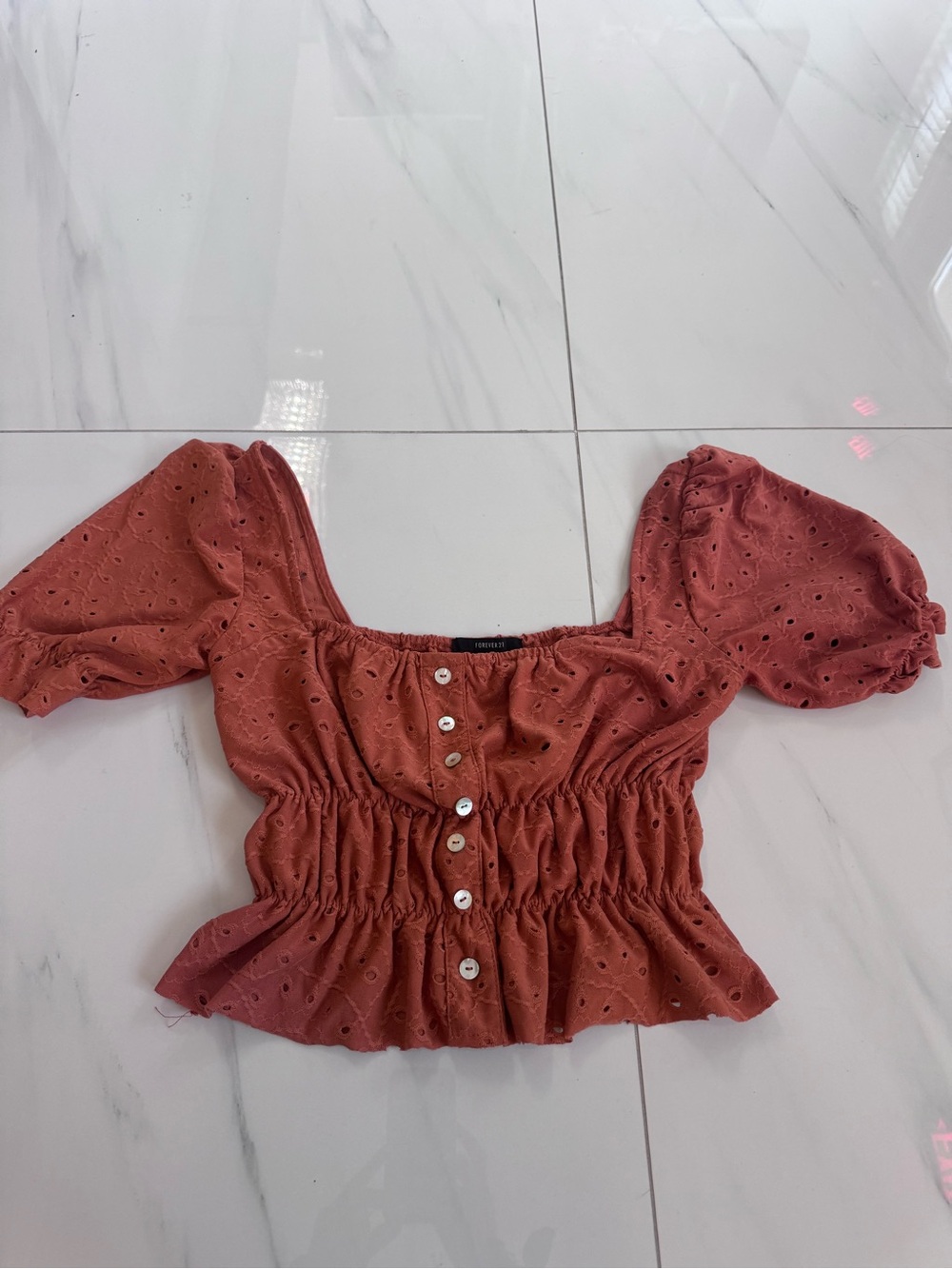 Forever 21 Rust Eyelet Puff Sleeve Cropped Blouse